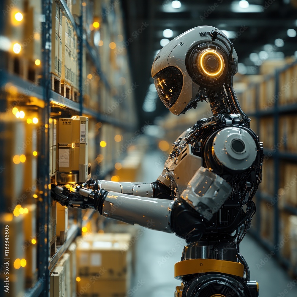 Poster a futuristic robot organizes packages in a warehouse, showcasing automation in logistics.