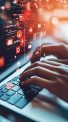 Close-up of hands typing on a laptop keyboard with futuristic red and black cybersecurity icons and digital data overlay. Conceptual image for cybersecurity, hacking, and digital security themes.. AI