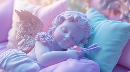 Fototapeta premium Sleeping Cupid nestled among plush pillows holding candy arrow