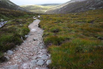 Path following Glas-allt river leading to Lochnagar - Loch Muick to Lochnagar path - Aberdeenshire - Scotland - UK