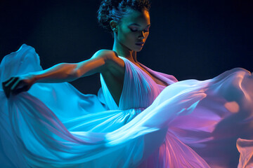 Elegant hispanic female dancing in flowing blue and purple dress under soft lighting