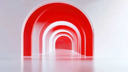 Abstract red and white archway tunnel leading to light.