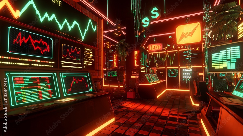 Aufkleber futuristic trading room with glowing screens displaying stock market data and neon lights.