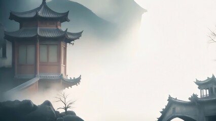 Misty mountain scenery with ancient Chinese architecture.