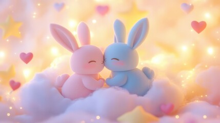 Fototapeta premium Chibistyle bunnies kiss on pastel cloud heartwarming 3D animation