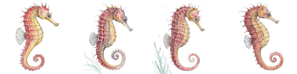 Fototapeta premium Watercolor Seahorse Quartet Four Poses, Isolated on White Background, Sea Life Illustration, Aquatic Animal,Seahorse, Watercolor, Illustration