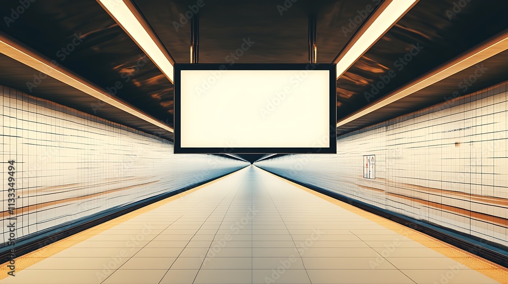 Poster Illuminated empty subway platform with geometric ceiling design : Generative AI