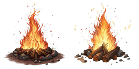 Campfire Illustration Two Digital Paintings of Burning Wood and Rocks, Isolated on White Background, Campfire, Fire, Wood,Campfire, fire, illustration