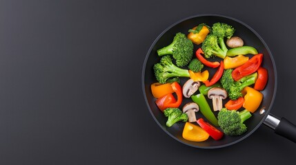 Frying up broccoli, bell peppers, and mushrooms in a skillet, highlighting their bright and lively colors.