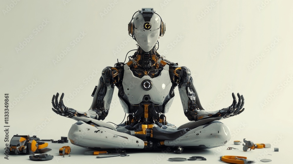 Poster a sleek humanoid robot in a meditative pose, surrounded by scattered components, evoking themes of i
