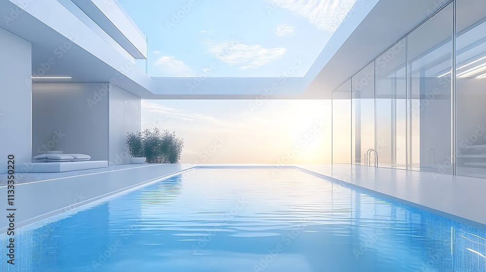 Poster Luxurious Infinity Pool Overlooking Ocean with Minimalist Architecture at Sunrise : Generative AI