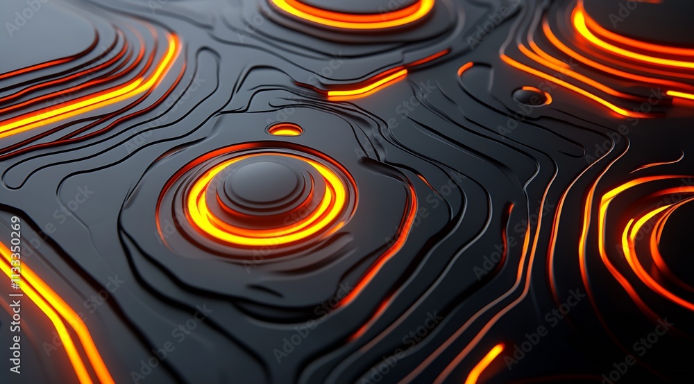Poster Abstract Tech Art with Glowing Orange Circuit Patterns on Black Background : Generative AI
