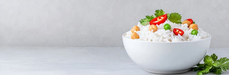 A homemade vegetarian rice dish with a flavorful vegan chickpea curry, featuring fresh vegetables and aromatic spices, creating a delightful aroma.