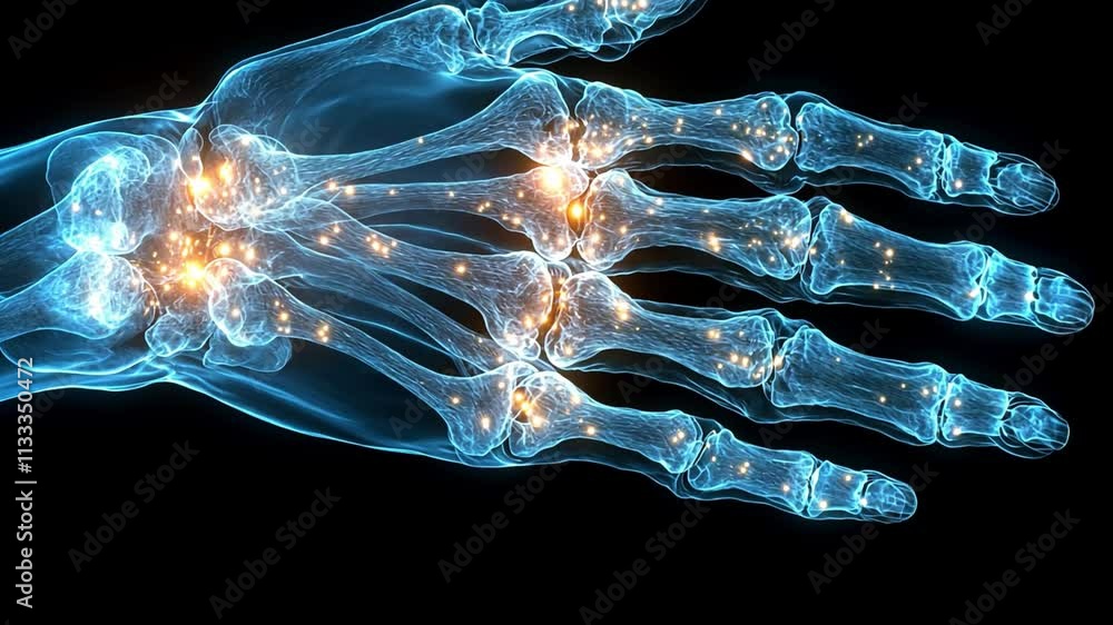 Poster dynamic visualization of a human hand's anatomy with glowing joints and bones in high definition