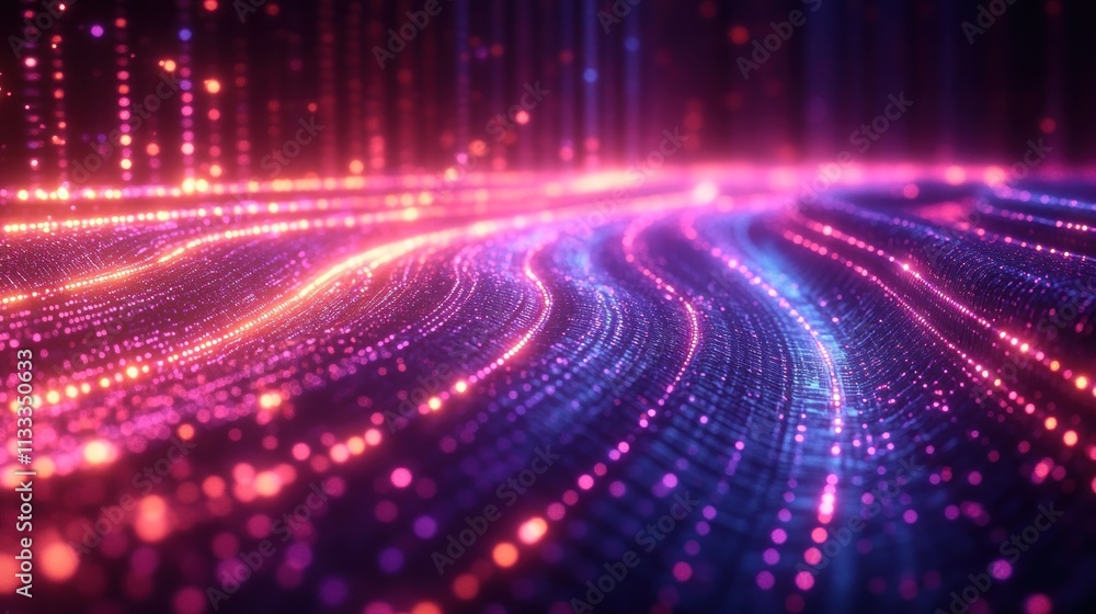Poster abstract digital waves of light in vibrant colors, creating a sense of movement and depth.