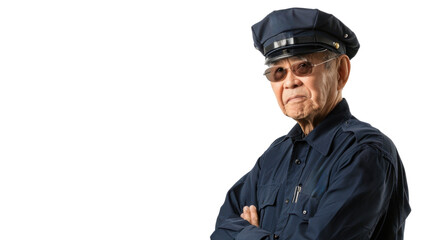 A police officer asian senior man on white background