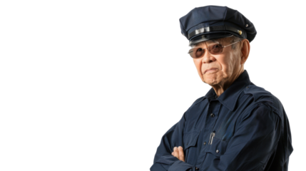 A police officer asian senior man on white background