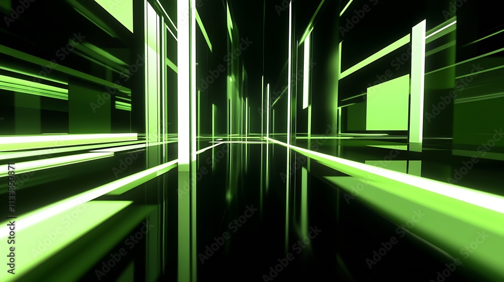 Poster Futuristic Green Neon Light Abstract Tunnel with Geometric Patterns and Modern Design : Generative AI