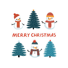 Merry Christmas greeting card with cute snowman and snowy Christmas tree. Simple flat vector illustration on white background.