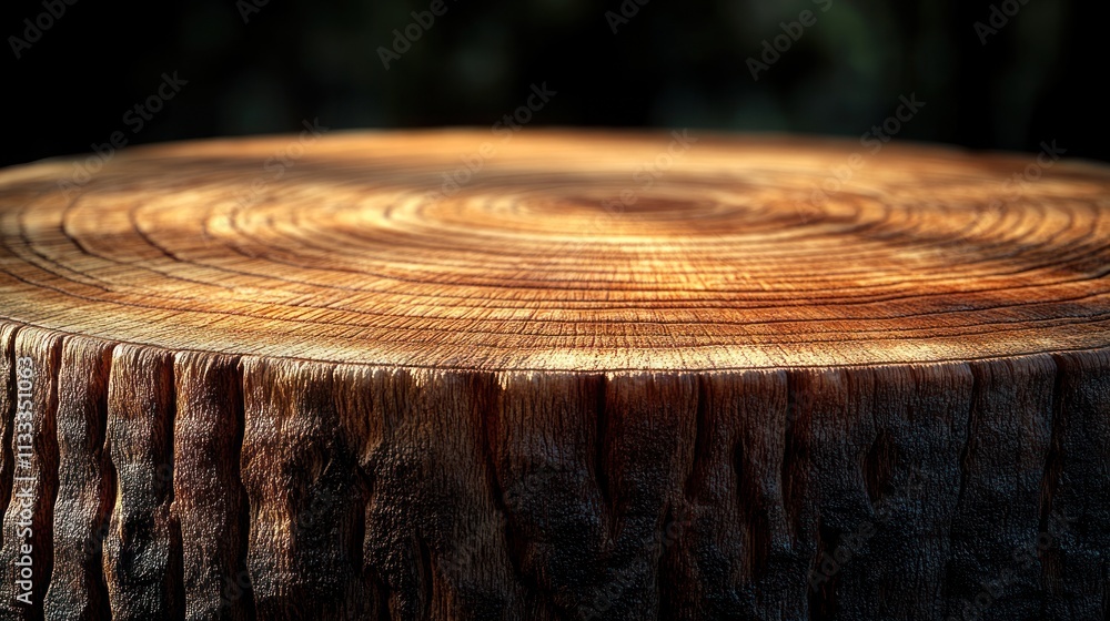 Poster a close-up view of a tree stump showcasing natural wood grain patterns and textures.