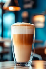 Stylish latte art coffee in a tall glass with blurred cafe background ambiance : Generative AI