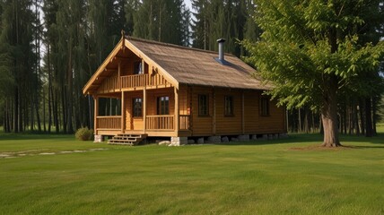 Rustic wooden cabin nestled in a lush forest clearing.  Tranquil, secluded, and charming.