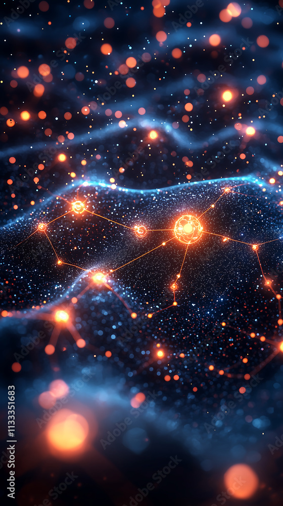 Poster glowing neural network visualization with futuristic digital connections