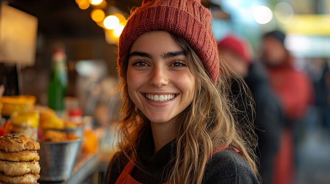 A food truck worker gives a lemonade and burger to a young man in a leather jacket. An Indian man pays with a contactless bank credit card. The street food truck is selling burgers in the evening. - Powered by Adobe
