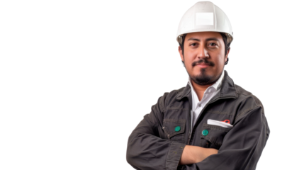 Mexican young male engineer with safety helmet on white background