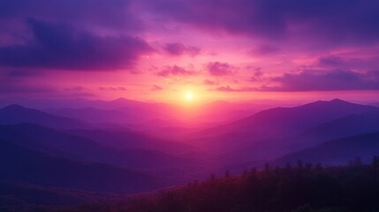 A serene sunset over rolling mountains, casting vibrant purple and pink hues across the sky.