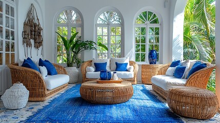 Mediterranean coastal living room with light airy fabrics wicker furniture blue and white color accents and large windows letting in a soft ocean breeze