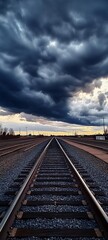 Fototapeta premium Ominous Clouds and Dramatic Skies Over Endless Railroad into Horizon : Generative AI