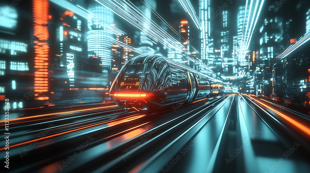 Poster advanced high-speed train navigating through futuristic neon city rig : generative ai