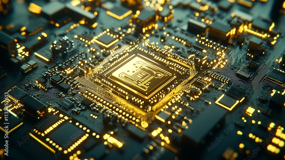Poster detailed gold accent circuit board representing advanced technology systems : generative ai