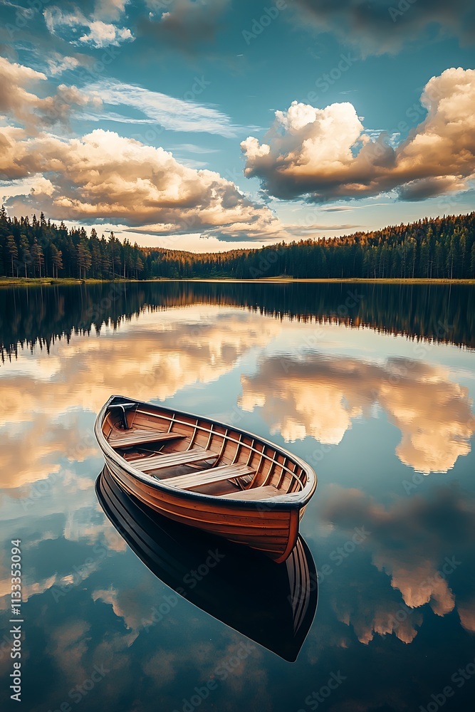 Poster tranquil wooden boat afloat on a lake reflecting fluffy clouds and forest scenery : generative ai