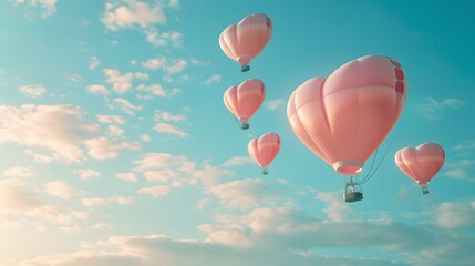 Obraz premium Romantic Pink Heart Shaped Hot Air Balloons Soaring in a Cloudy Sky