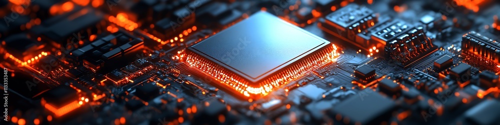Aufkleber Macro View of Modern Microchip with Luminescent Details on Circuit Board : Generative AI
