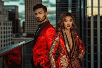 Obraz premium Stylish couple in modern Chinese New Year attire, red and gold elements with sleek tailoring, standing in front of an urban skyline, waist-up focus, Chinese New Year theme.