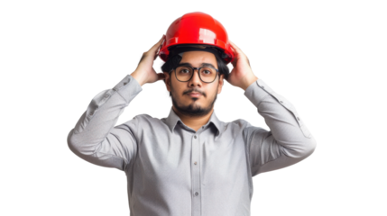 Mexican young male engineer with safety helmet on white background