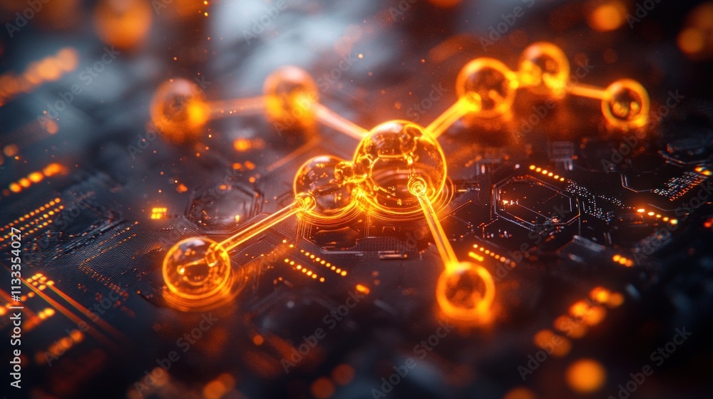 Poster abstract representation of interconnected molecules on a digital circuit board.