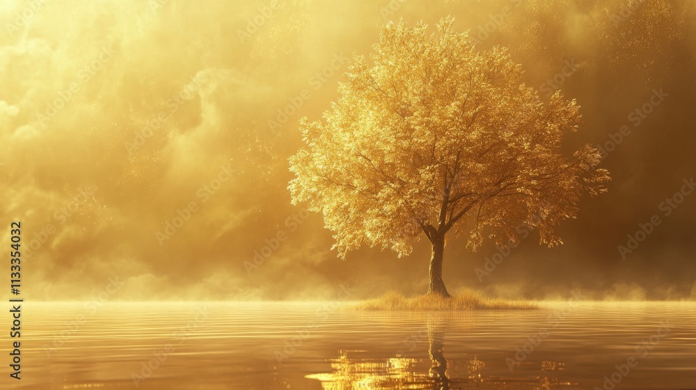 Poster enchanting golden tree shrouded in soft mist, standing majestically on a calm water surface. perfect