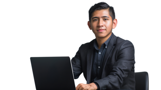 Mexican young male Employee IT specialist sit at work with laptop on white background


