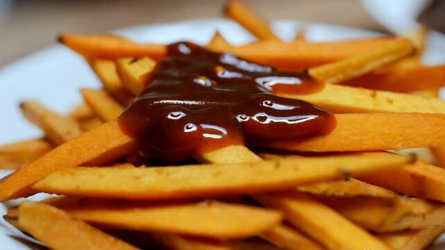 Sweet potato fries served with a smoky chipotle dipping sauce, arranged on a ceramic white plate.
