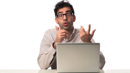 Mexican young male Employee IT specialist sit at work with laptop on white background


