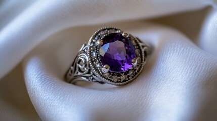 Naklejka premium This stunning vintage ring showcases a large oval amethyst encircled by delicate silver filigree and sparkling accents.