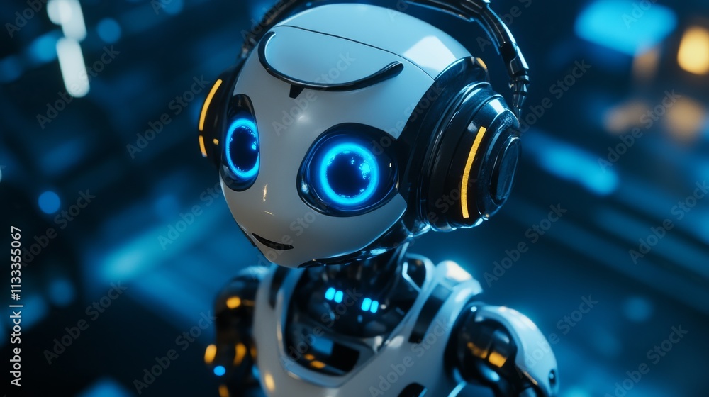 Poster a charming humanoid robot with glowing blue elements and futuristic headphones, set against a sleek,
