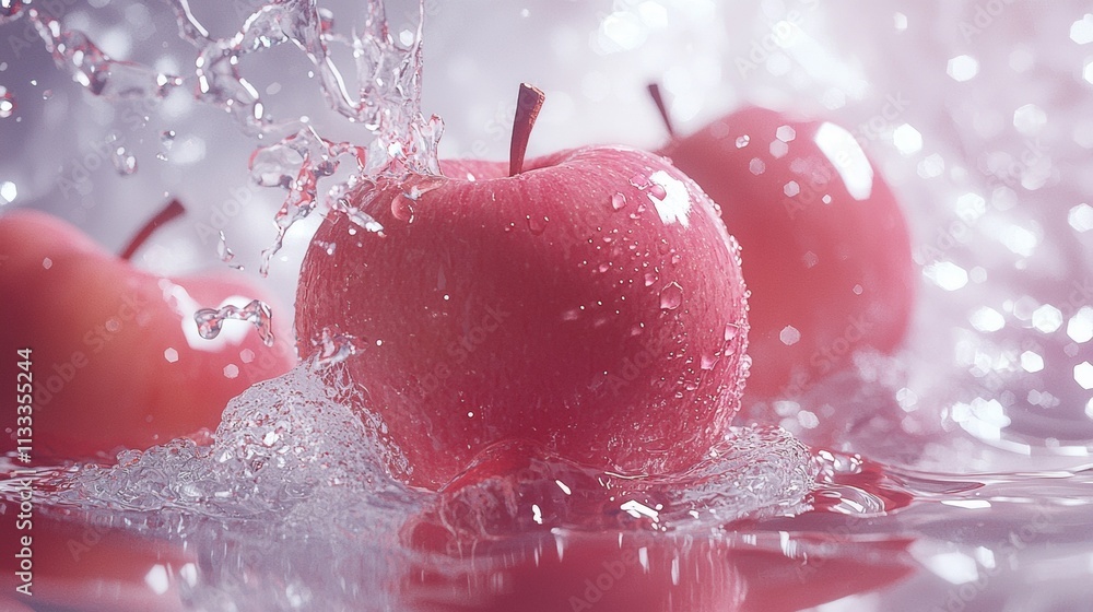 Poster red apples splashing in water with droplets and light reflections