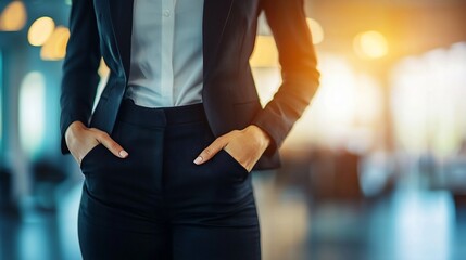 Confident businesswoman in suit, hands in pockets.