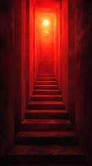 Fototapeta premium A dimly lit staircase leads upward, illuminated by a red glow, creating an eerie atmosphere.