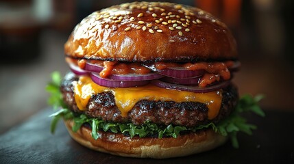 Juicy cheeseburger, red onion, sesame bun.